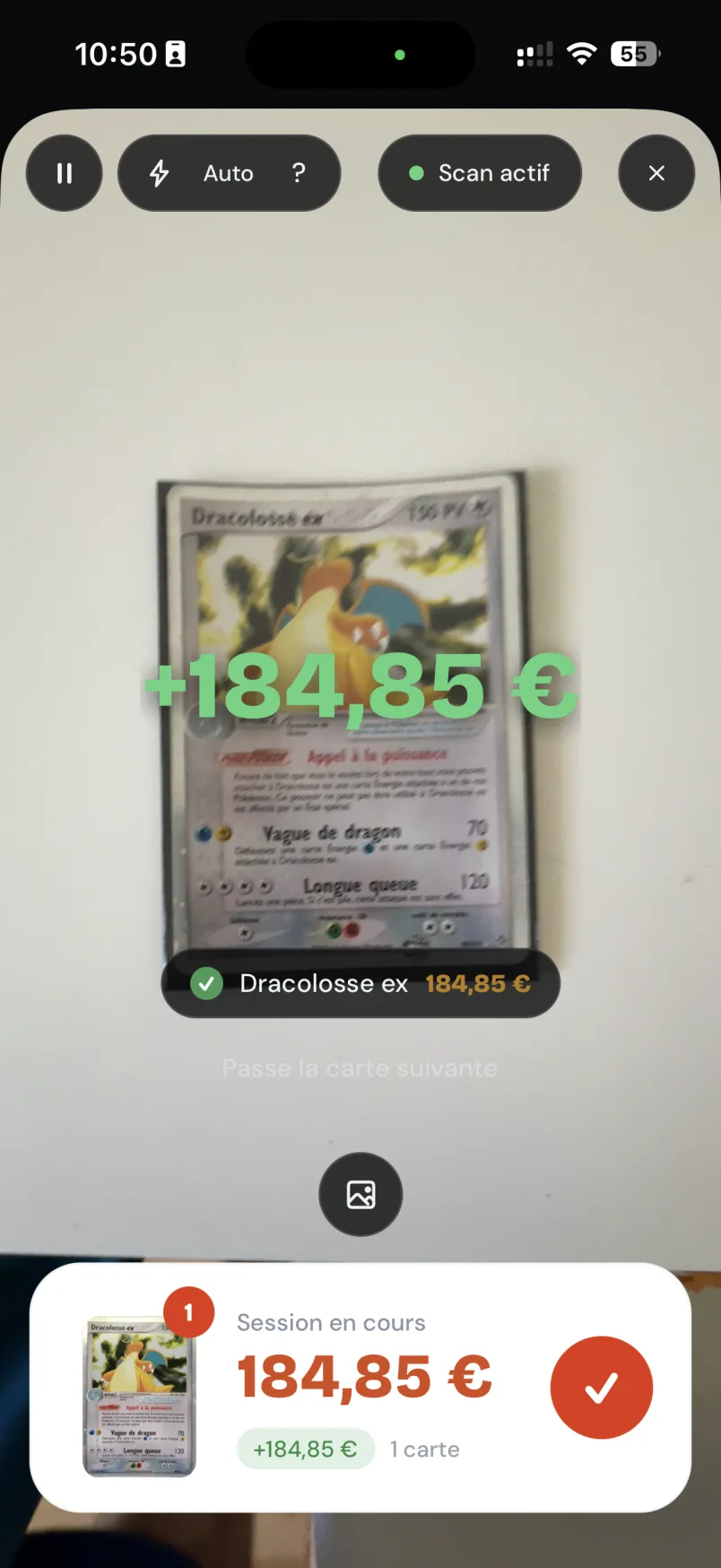 L’écran de scan de Mintdex : une carte dans le viseur, reconnue avec son prix